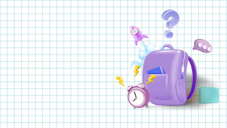 Back to school, online school banner, poster. Backpack with school supplies on the background of a checkered paper with different icons, vector illustrationのイラスト素材