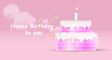 Happy birthday template design. Birthday greeting card with 3D cute cake and bokeh light on pink background for wedding, valentine, birthday party, banner, flyer, advertising. Vector Illustrationのイラスト素材