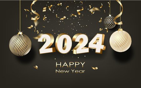 New year 2024 celebrations gold greetings poster isolated over black background.のイラスト素材