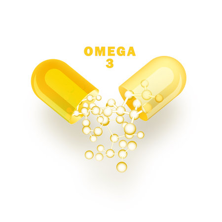 Fish oil ads template, omega-3 softgel isolated on chrome yellow background. 3D illustration.のイラスト素材