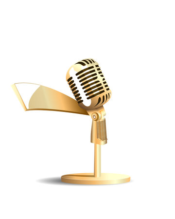 Golden vintage microphone, mic on a stand for stage live performance, studio recording and broadcasting. Music award or sound equipment. Graphic vector illustration, white background.のイラスト素材