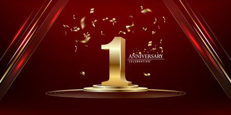 1 golden number and Anniversary Celebrating text with golden serpentine and confetti on red background.のイラスト素材