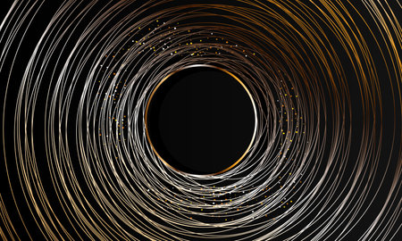 Vector abstract circles lines wavy in round frame gold light isolated on black background with empty space for text in luxury style.のイラスト素材