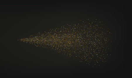 Gold glitter spray on black background. Glowing drops in motion. Golden magic star dust. Light particles. Bright glitter explosion. Sparkling firework. Vector illustration.のイラスト素材