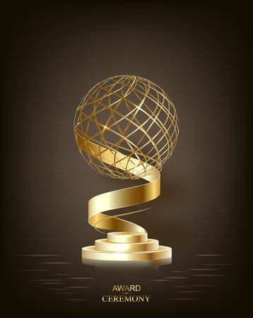Golden trophy, gold cup award. 3d First place winner, champion reward, sport prize, victory and business success, leadership and achievement symbol. Realistic vector illustration isolatedのイラスト素材