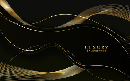 Abstract 3d black background with gold lines curved wavy sparkle with copy space for text. Luxury style template design. Vector illustrationのイラスト素材