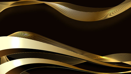 Abstract 3d black background with gold lines curved wavy sparkle with copy space for text. Luxury style template design. Vector illustrationのイラスト素材