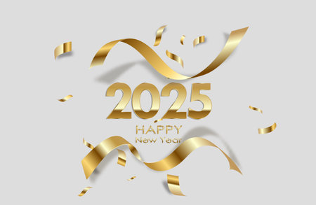 Happy New Year 2025. Golden 3D numbers with ribbons and confetti. Vector.のイラスト素材