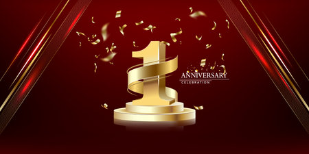 1th Anniversary celebration. Gold numbers with glitter gold confetti, serpentine. Festive background. Decoration for party event. One year jubilee celebration. Vector illustration.のイラスト素材