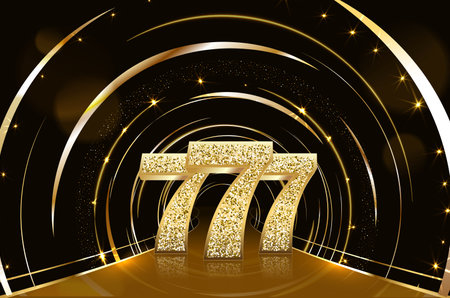 Three golden glittering sevens on black background. Luxury casino banner Big win slots 777 . Vector illustrationのイラスト素材