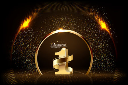 1th Anniversary celebration. Gold numbers with glitter gold confetti, serpentine. Festive background. Decoration for party event. One year jubilee celebration. Vector illustration.のイラスト素材