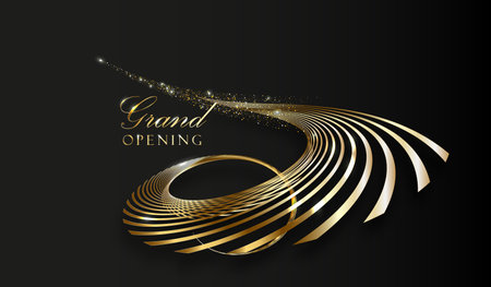 Golden elegant geometric shape, gold lines gradient on dark background. Premium design illustration for gala card, grand opening, wedding, party invitation.のイラスト素材