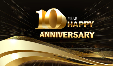 Golden 10 year anniversary celebration logo design with star symbolのイラスト素材