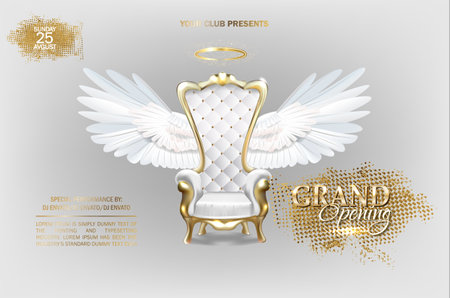 Grand opening invitation design template with brilliant lighting effects, a luxurious armchair with angel wings and text.のイラスト素材