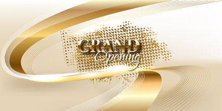 Grand opening sparkling banner. Text composition with golden splashes and ribbons.のイラスト素材