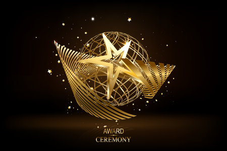 Elegant golden scene diagonal glowing with star lighting effect sparkle on black background. Template circle podium premium award design. Vector illustrationのイラスト素材