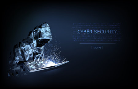 Abstract digital hacker. Cyber security concept. A man wearing a hoodie with a hidden face in front of a computer. Cyber attack and data hack. Fraud man. 3D Vector polygonal wireframe illustration.のイラスト素材