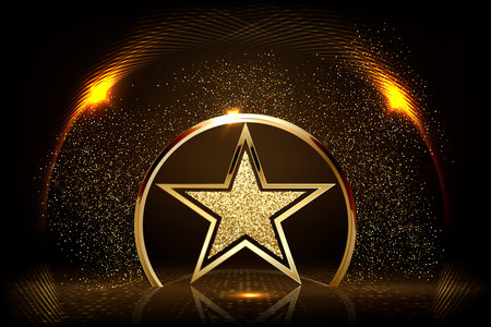 Gold podium with star vector illustration. Abstract golden award platform with glowing rays, glitter confetti sparkle rain falling from above background for product presentation.のイラスト素材