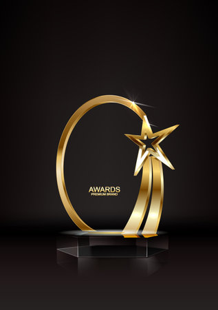 Gold podium with star vector illustration. Abstract golden award platform with glowing rays, glitter confetti sparkle rain falling from above background for product presentation.のイラスト素材