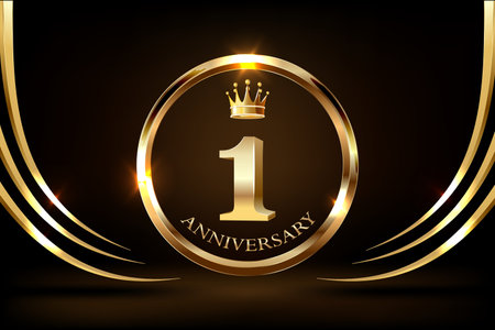 Celebrating 1 years anniversary logo with golden ring and ribbon, laurel wreath vector design.のイラスト素材