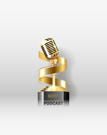 3d Podcast microphone gold on stand and audio wave, audio equipment icon. Professional equipment for audio broadcasts and interviews. 3d rendering.のイラスト素材
