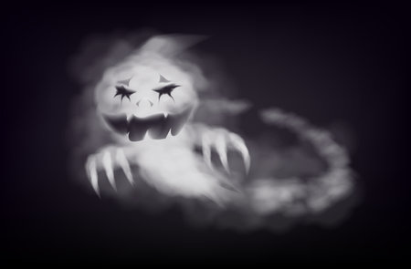 Realistic Halloween ghosts. Vector 3d scary transparent white ghost, ghoul or spirit monsters silhouettes with spooky faces. Horror holiday flying phantoms or nightmare shadows foggy figuresのイラスト素材