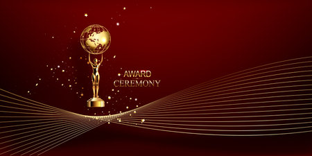 Red Maroon Golden Curtain Stage Award Background. Trophy on Red Carpet Luxury Background. Modern Abstract Design Template.のイラスト素材