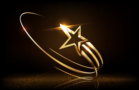 Award ceremony background with 3d gold star and ribbon element and glitter light effect decoration.のイラスト素材