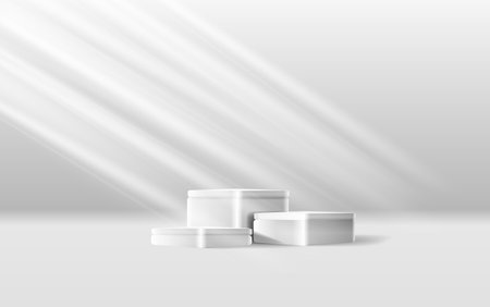 Realistic 3D corner stand podium set in white, gray color scene. Vector abstract geometric platforms design. Wall minimal scene cosmetic products stage showcase, Banner promotion display.のイラスト素材