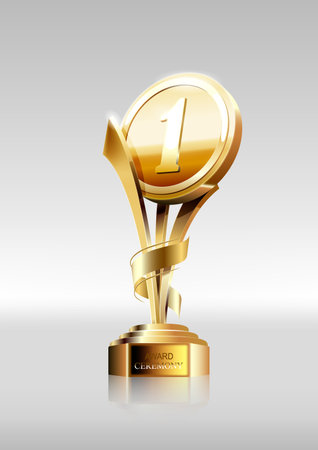 Winner award. Number one. Golden trophy and ribbon on podium with a white background. Vector illustration.のイラスト素材