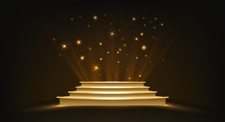 Stage podium with red carpet on stairs, golden spotlight and sparkles on dark background. 3d vector theatre show and award ceremony concept. Staircase pedestal for presentation and goods promotion.のイラスト素材