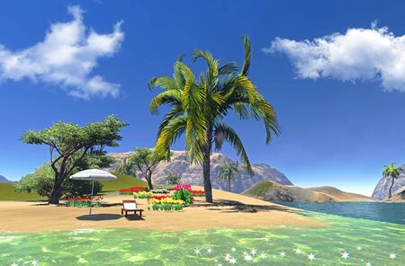 paradise lagoon with lounge and umbrellaの写真素材