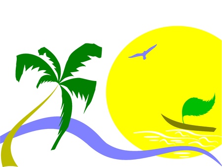 sun, palm and surfing waves - vector のイラスト素材