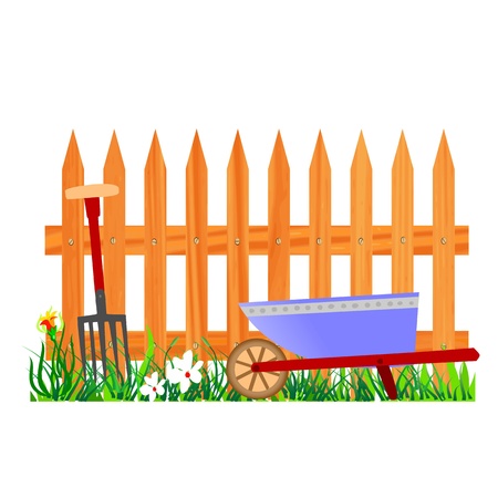 wooden fence and wheelbarrow garden - vectorのイラスト素材