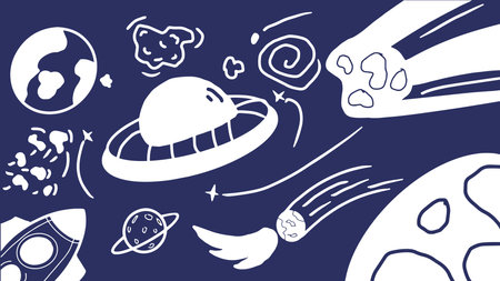 Hand drawn doodles cartoon set of space objects and symbols. Doodle objects. Vector illustration.のイラスト素材