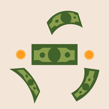 Gold coins and money cartoon illustration set. heap of cash, pile of green banknotes or dollars,のイラスト素材