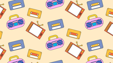 retro music, radio and tv pattern background. groovy colour.のイラスト素材