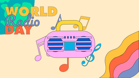 World Radio day with groovy design concept, y2k design, vintage colourのイラスト素材