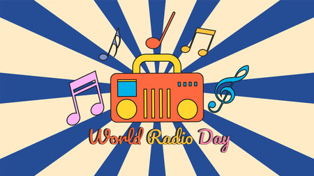World Radio day with groovy design concept, y2k design, vintage colourのイラスト素材
