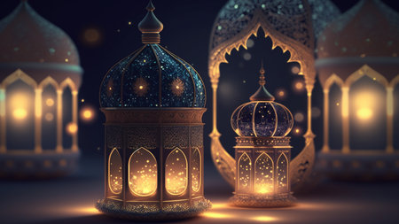 ramadan background with A lantern light in the dark with a blue background created by Generative AI Technologyの素材