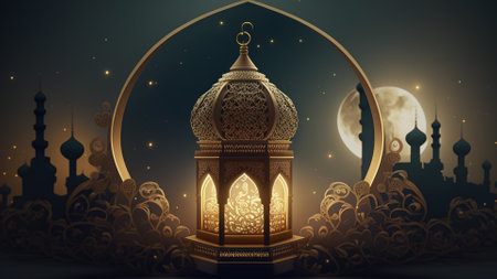 ramadan background with A lantern light in the dark with a blue background created by Generative AI Technologyの素材