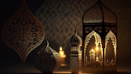 ramadan background with A lantern light in the dark with a blue background created by Generative AI Technologyの素材