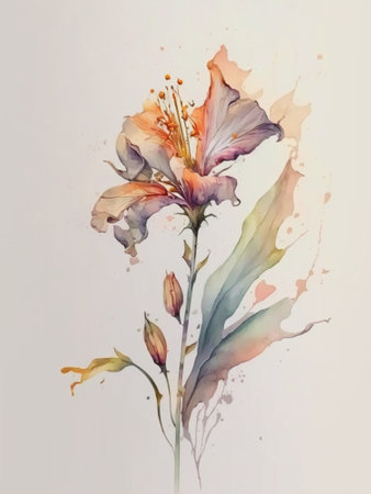 A watercolor painting of a flower with a single bud created by Generative AI Technologyの素材