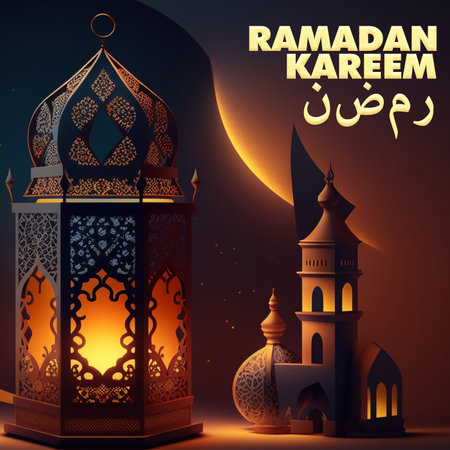 ramadan background with A lantern light in the dark with a blue background created by Generative AI Technologyの素材