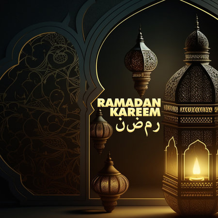 ramadan background with A lantern light in the dark with a blue background created by Generative AI Technologyの素材