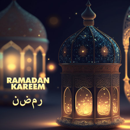 ramadan background with A lantern light in the dark with a blue background created by Generative AI Technologyの素材