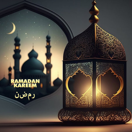ramadan background with A lantern light in the dark with a blue background created by Generative AI Technologyの素材