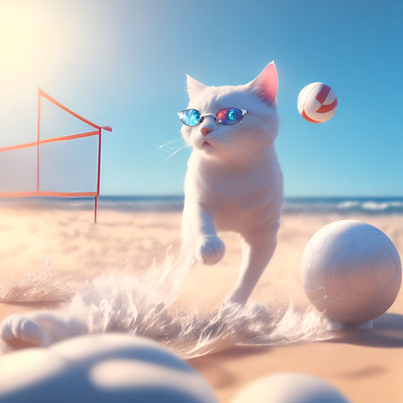 a cute cat playing ball in the beach, created by ai generatedの素材