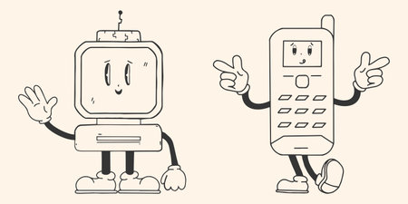 RETRO TECH CHARACTER MASCOT HAND DRAWING STYLEのイラスト素材