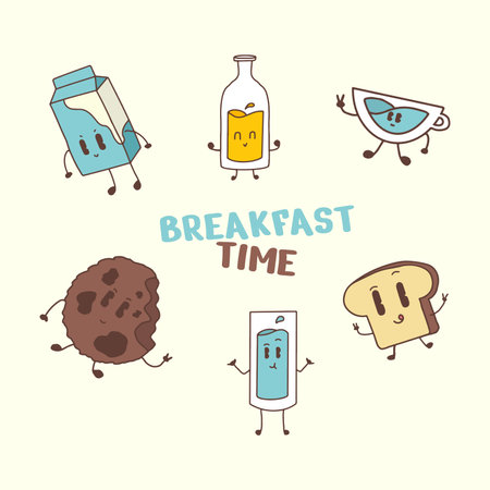 HAND DRAWING CUTE CHARACTER BREAKFAST DESIGN VECTOR ELEMENTのイラスト素材